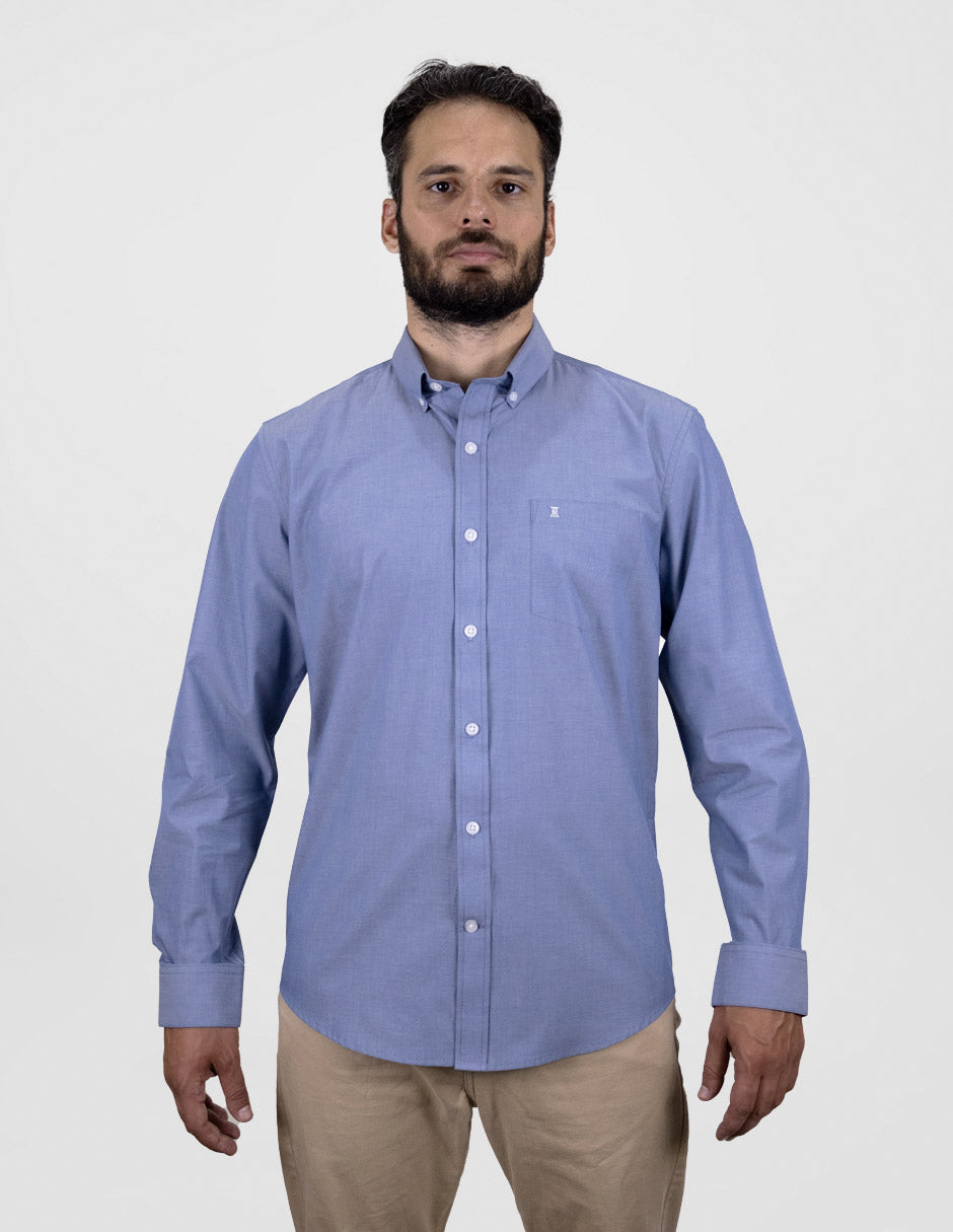 Camisa Lisa Azul Manga Larga de Algodón Para Caballero 2406057