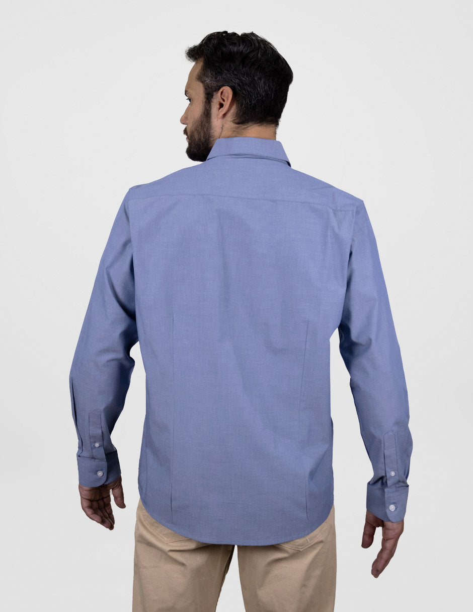 Camisa Lisa Azul Manga Larga de Algodón Para Caballero 2406057
