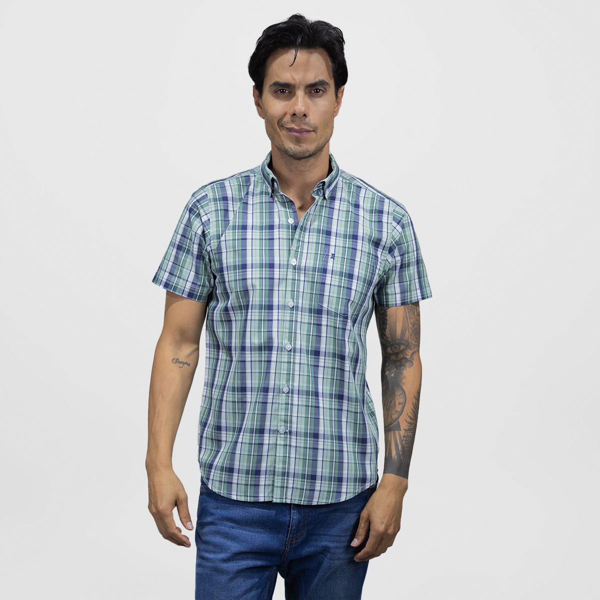 Camisa de Vestir Manga Corta Estilo Cuadros Verde 2408077