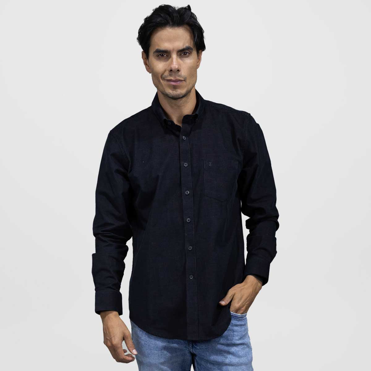 Camisa Para Hombre de Pana Manga Larga Lisa Negra 2410232