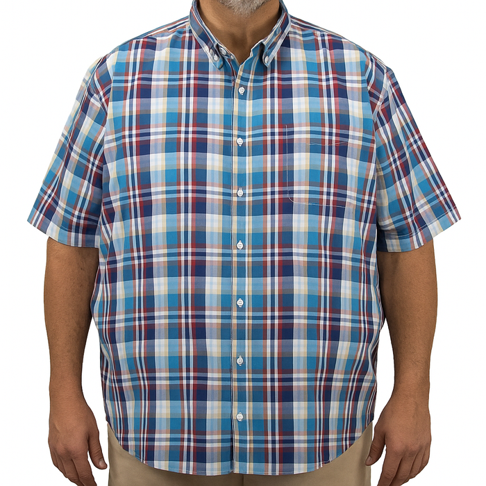 Camisa Azul de Cuadros con Manga Corta 100% Algodón Talla Extra 2307039