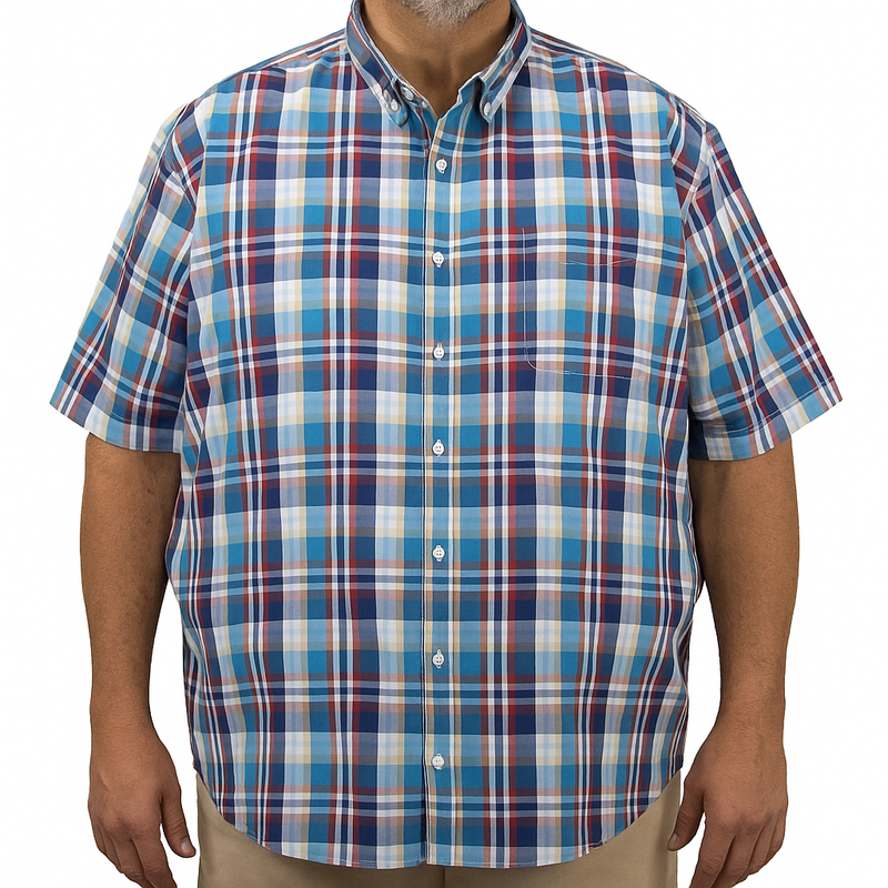 Camisa Azul de Cuadros con Manga Corta 100% Algodón Talla Extra 2307039