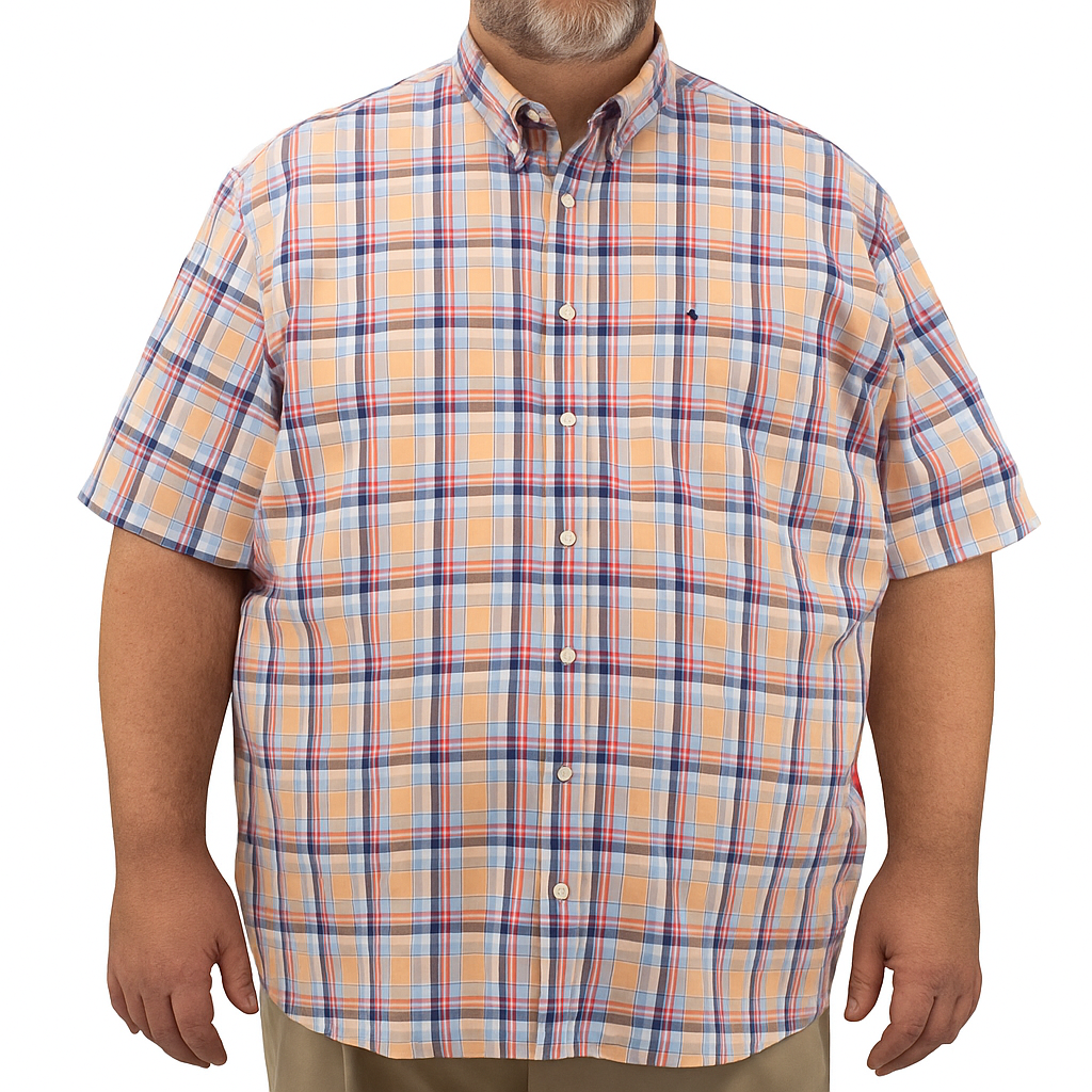 Camisa Naranja de Cuadros con Manga Corta 100% Algodón Talla Extra 2501005