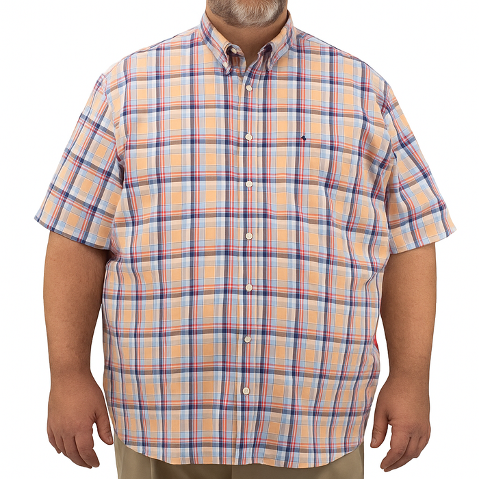 Camisa Naranja de Cuadros con Manga Corta 100% Algodón Talla Extra 2501005