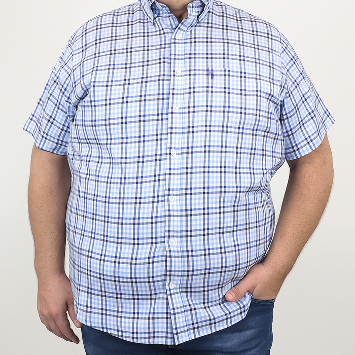 Camisa de Vestir Manga Corta con Cuadros Azul 100% Algodón para Hombre en Tallas Extras 2307037