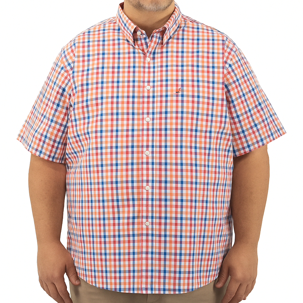 Camisa Naranja de Cuadros con Manga Corta 100% Algodón Talla Extra 2305164