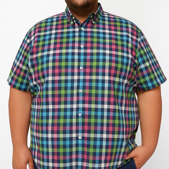 CAMISA MANGA CORTA CUADROS MULTICOLOR 100% ALGODÓN TALLA EXTRA 2217006