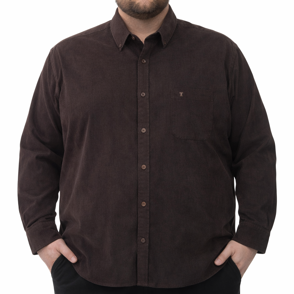 Camisa de Pana Café Lisa con Manga Larga 100% Algodón Talla Extra 2210089