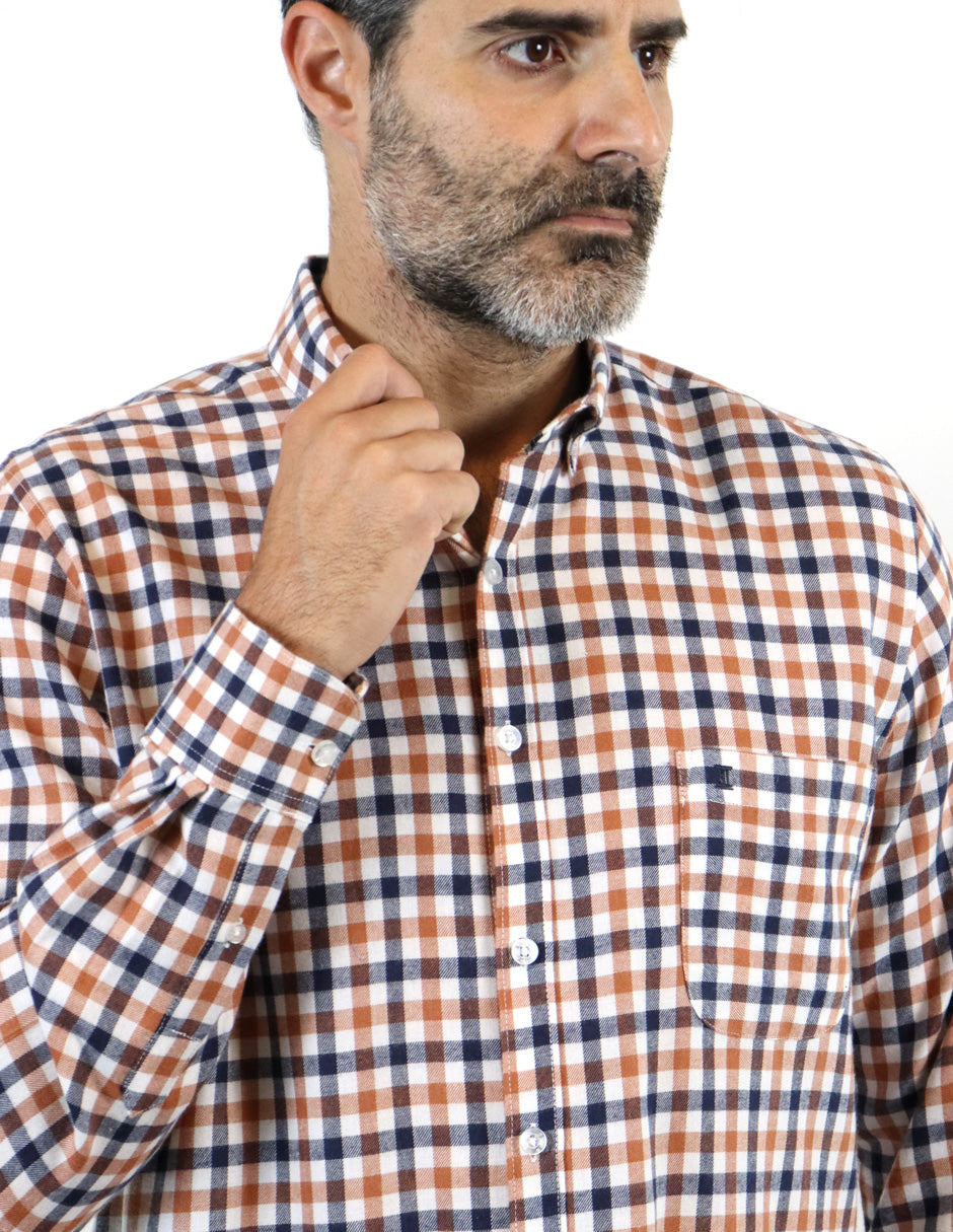 Camisa Franela Naranja Cuadros Manga Larga 2209302