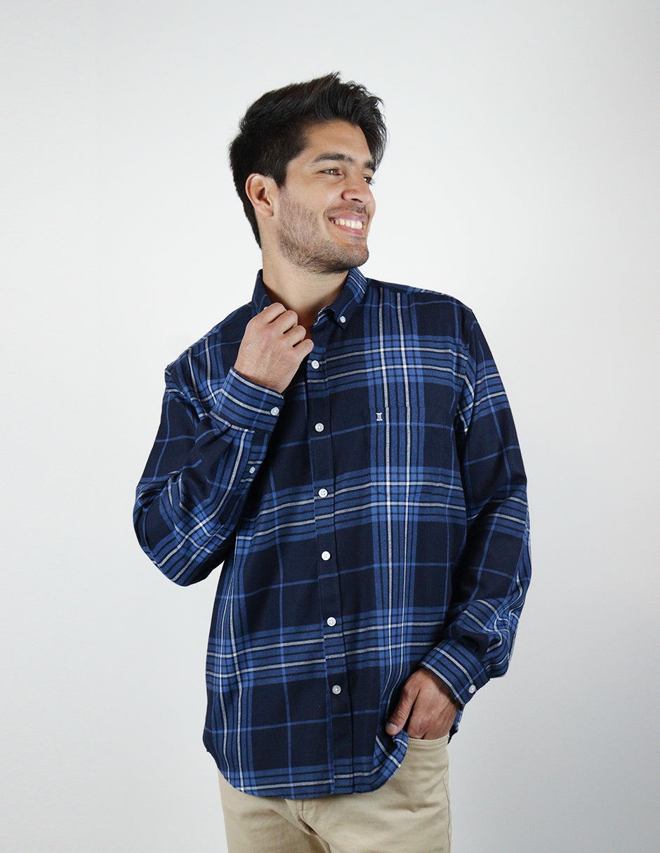 CAMISA MANGA LARGA AZUL CUADROS FRANELA REF 2210401