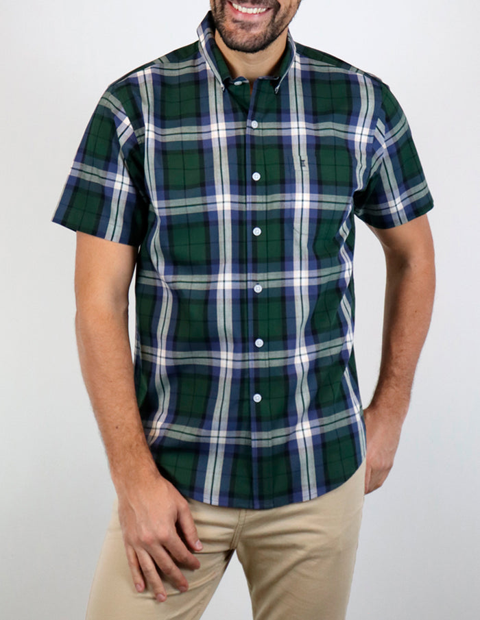 Camisa de Vestir Cuadros Verde Manga Corta | Marca Dioro | 100% Algodón para Hombre en Tallas Extras
