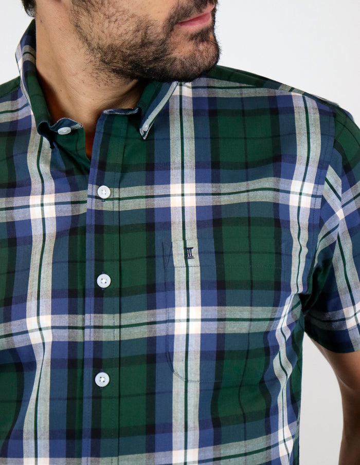 Camisa de Vestir Cuadros Verde Manga Corta | Marca Dioro | 100% Algodón para Hombre en Tallas Extras