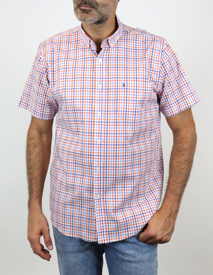 Camisa Manga Corta Naranja de Cuadros | Marca Dioro | 100% Algodón para Hombre