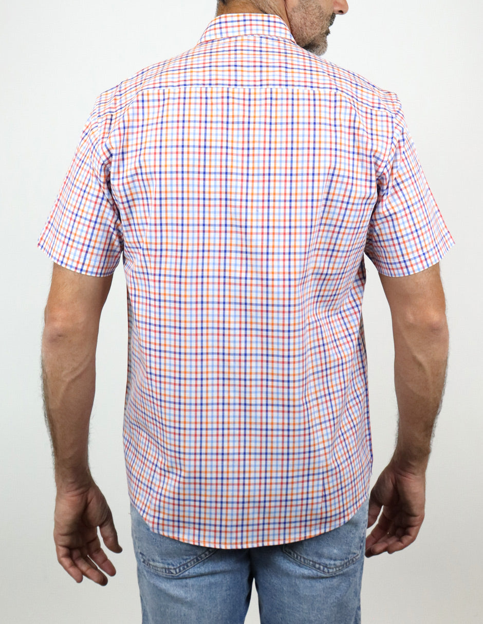 Camisa Manga Corta Naranja de Cuadros | Marca Dioro | 100% Algodón para Hombre