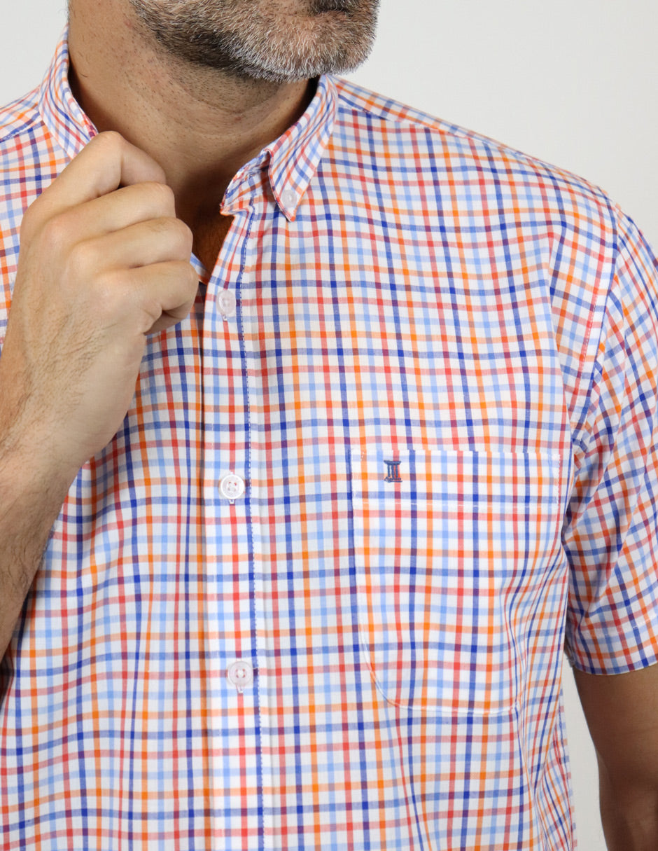 Camisa Manga Corta Naranja de Cuadros | Marca Dioro | 100% Algodón para Hombre