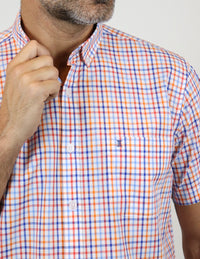 Camisa Manga Corta Naranja de Cuadros | Marca Dioro | 100% Algodón para Hombre