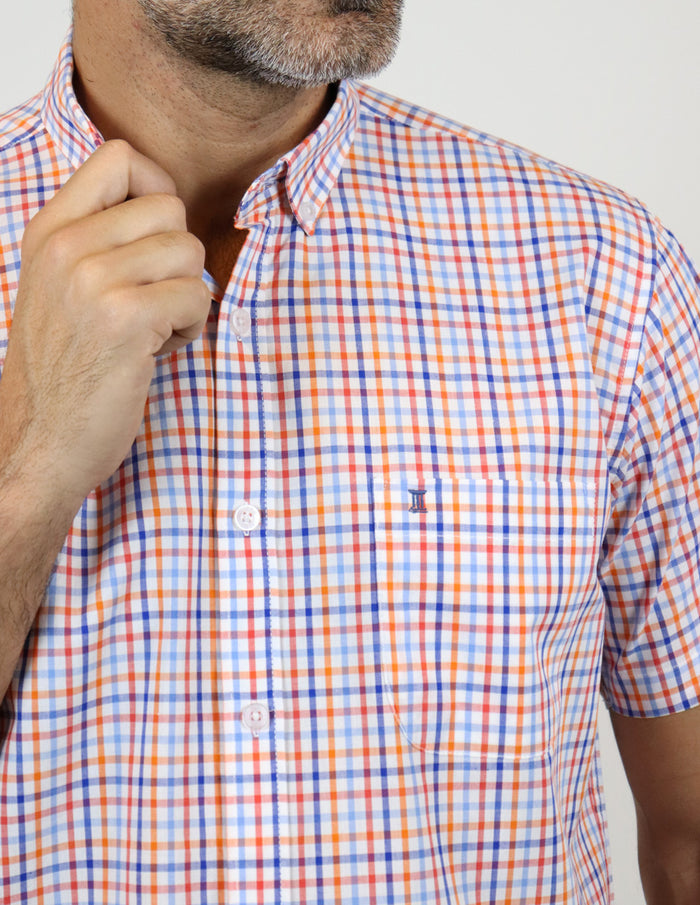 Camisa Manga Corta Naranja de Cuadros | Marca Dioro | 100% Algodón para Hombre