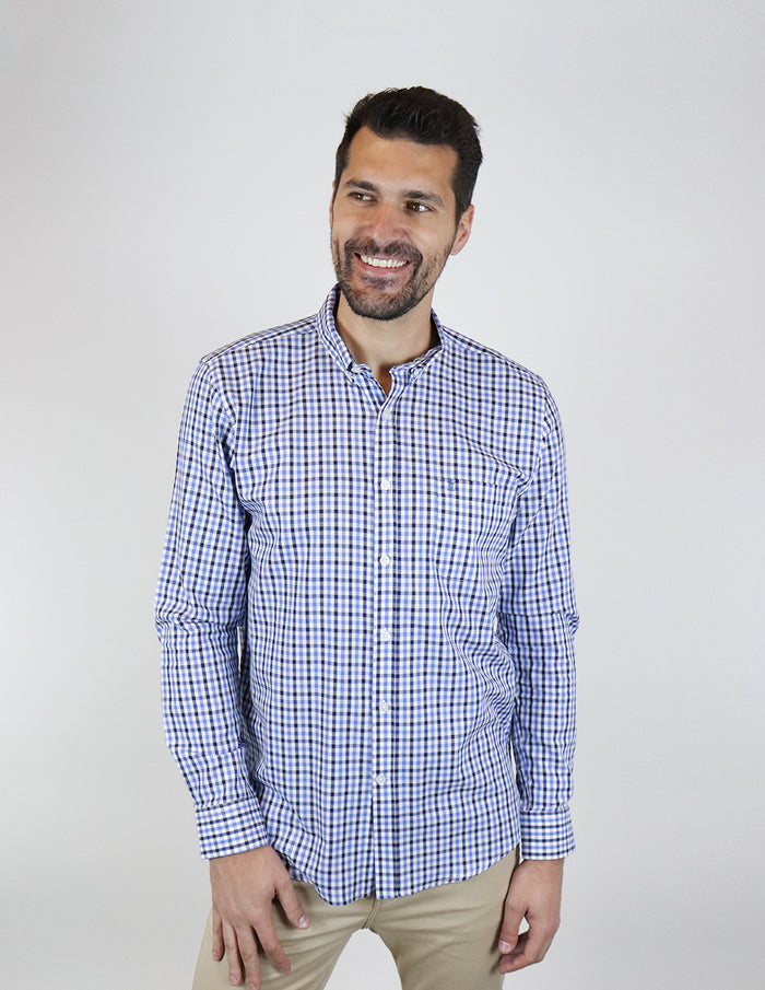 CAMISA MANGA LARGA AZUL CUADROS 100% ALGODÓN REF 2302038