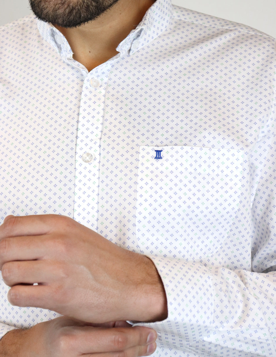Camisa Estampada Blanca con Manga Larga Talla Extra 100% Algodón 2303057 - dioromx