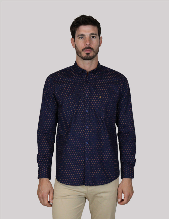 CAMISA MANGA LARGA AZUL ESTAMPADO 100% ALGODÓN  REF 2303060