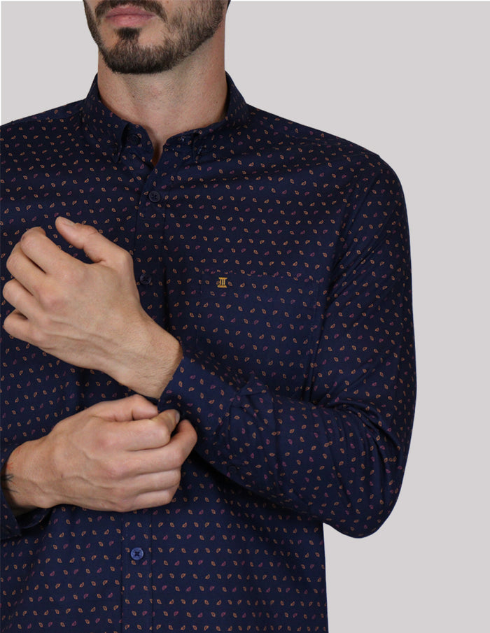 CAMISA MANGA LARGA AZUL ESTAMPADO 100% ALGODÓN  REF 2303060