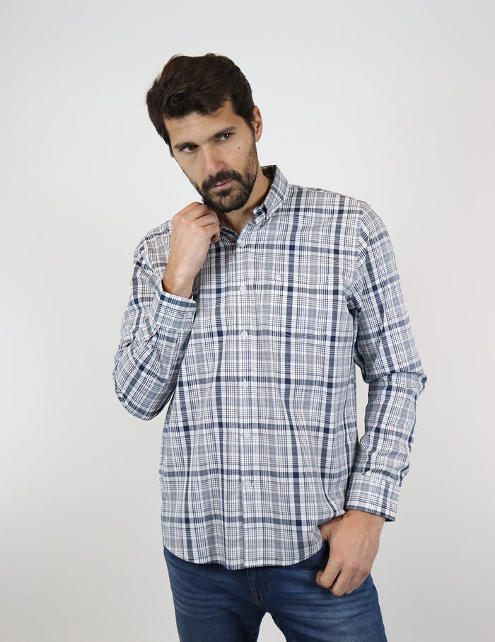 Camisa Marca Dioro Manga Laga Estilo Cuadros Gris