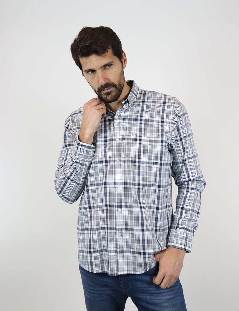 Camisa Marca Dioro Manga Laga Estilo Cuadros Gris
