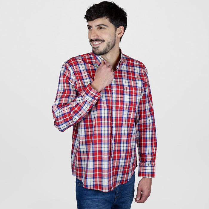 Camisa Manga Larga Para Caballero Estilo Cuadros Color Rojo 100% Algodón