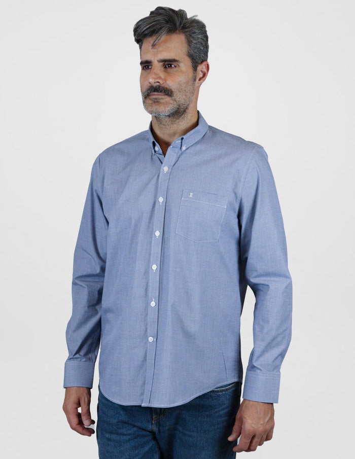 Camisa Casual de Caballero Manga Larga Estilo Liso Color Azul 100% Algodón