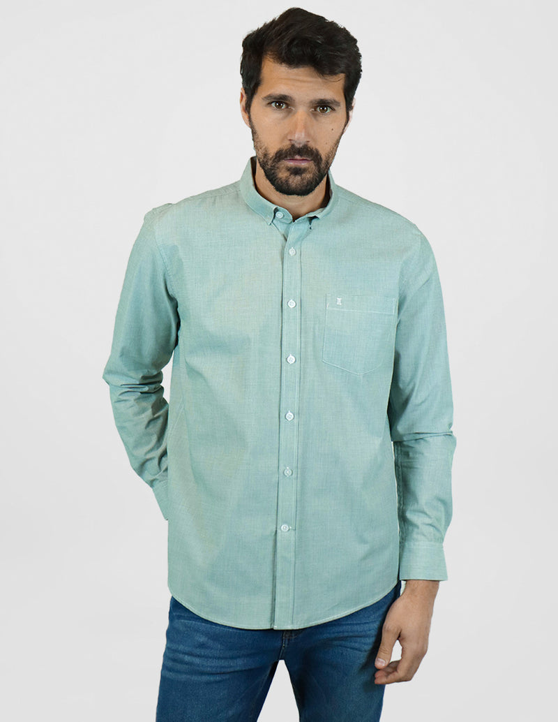 Camisa Casual de Caballero Manga Larga Estilo Liso Color Verde 100% Algodón