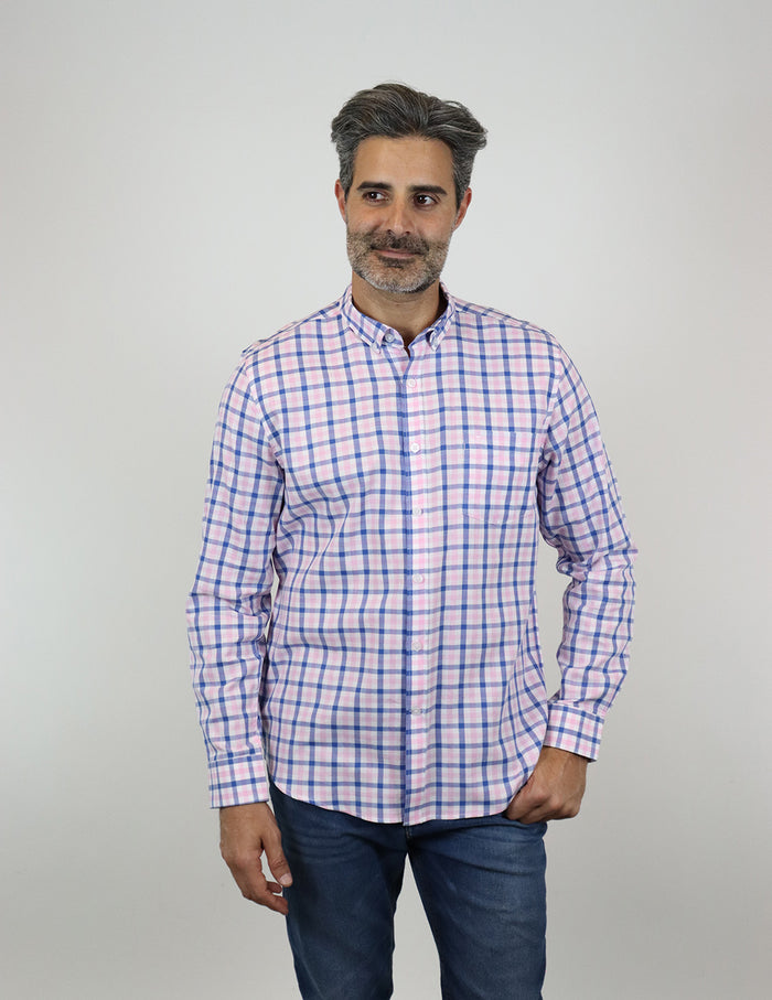Camisa de Vestir Dioro Manga Larga Cuadros Rosa