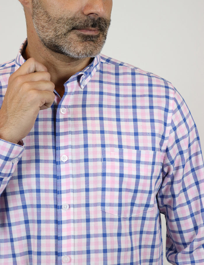 Camisa de Vestir Dioro Manga Larga Cuadros Rosa