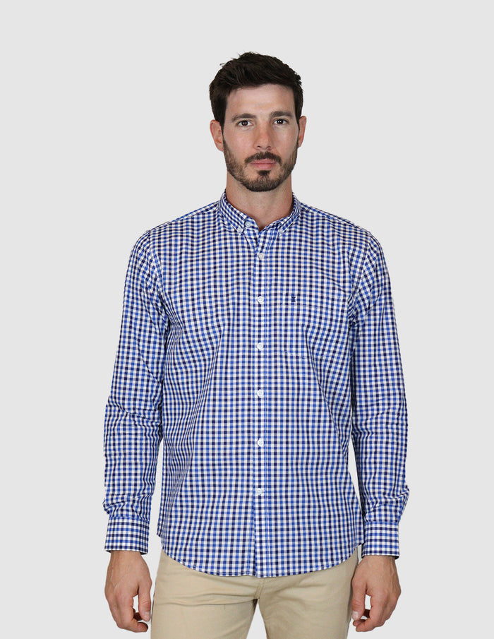 Camisa De Vestir Estilo Cuadros Azul 100% Algodón