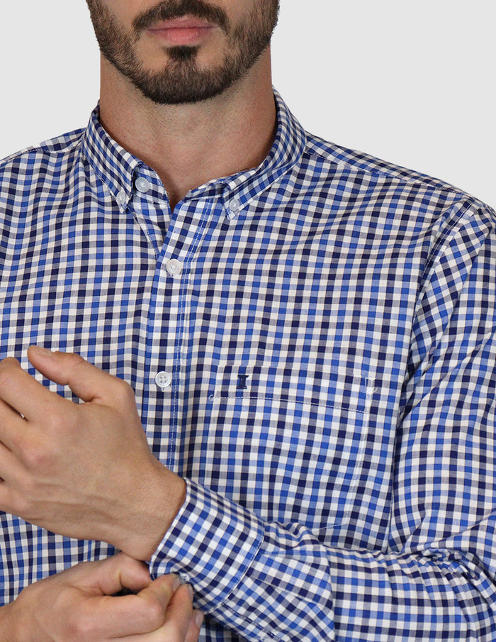 Camisa De Vestir Estilo Cuadros Azul 100% Algodón