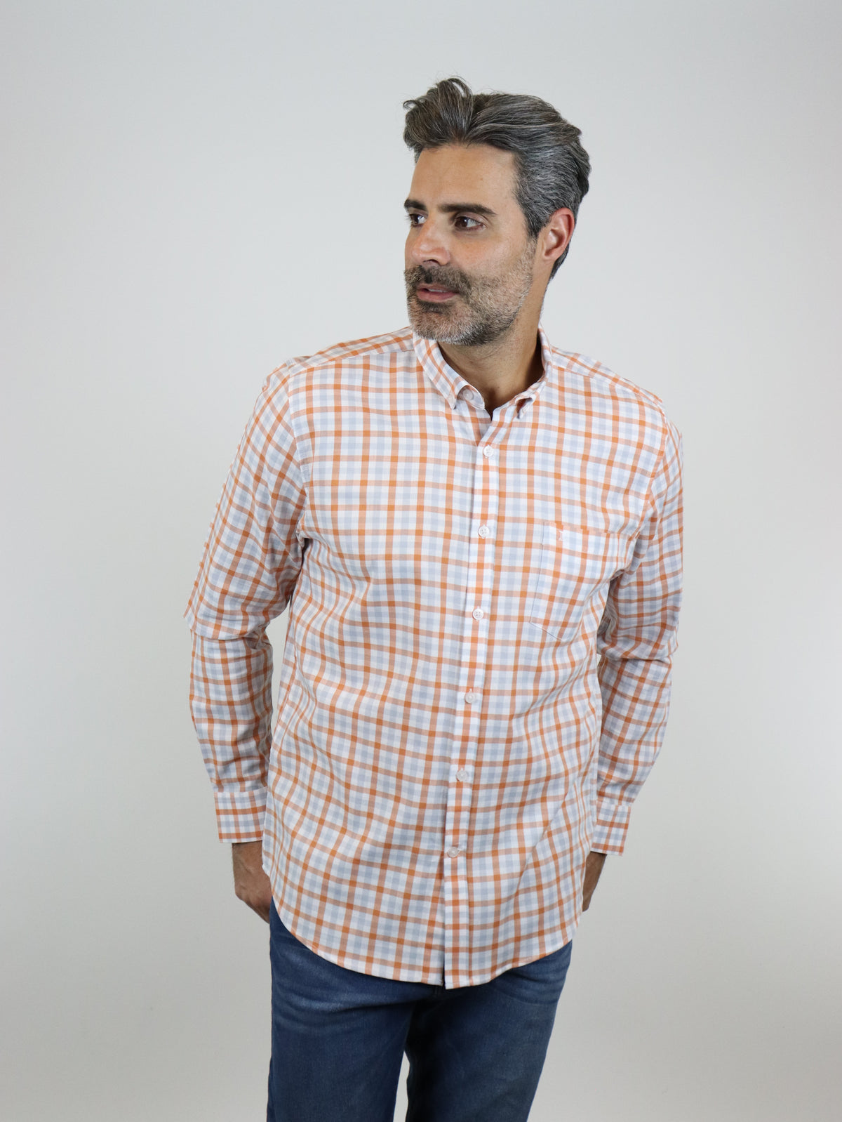 CAMISA MANGA LARGA NARANJA CUADROS 100% ALGODÓN  REF 2305150