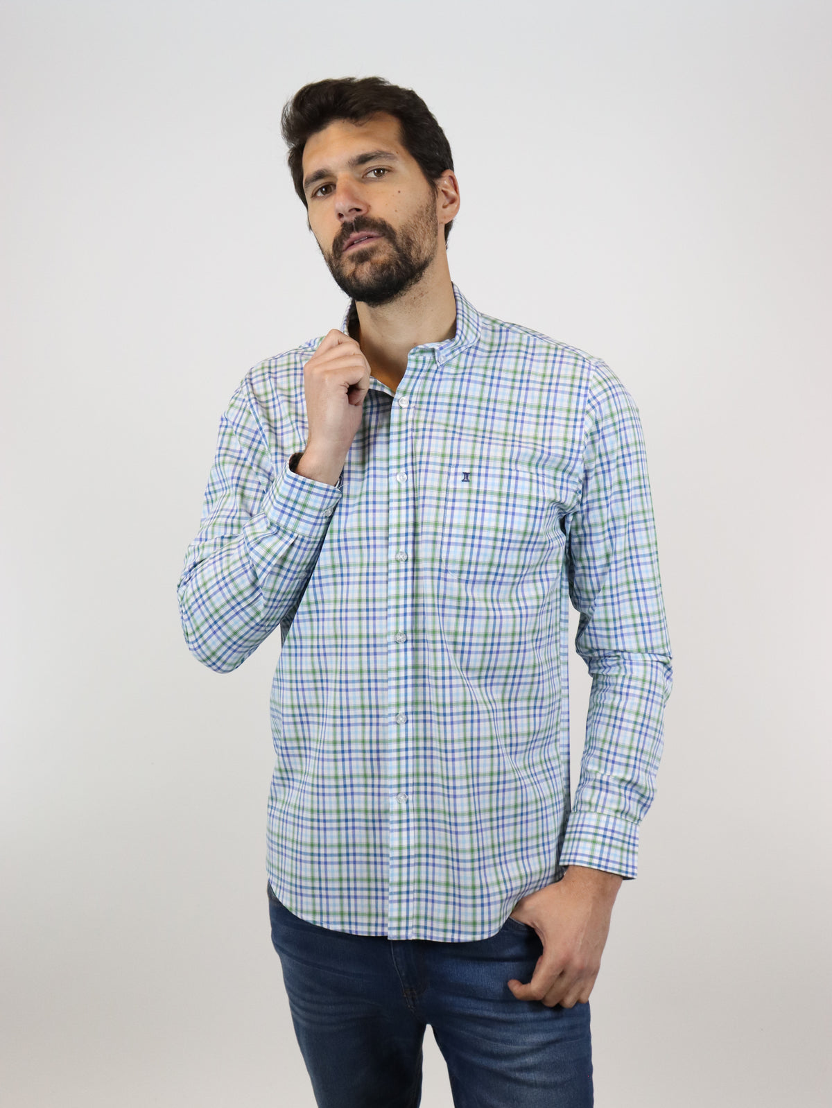 CAMISA MANGA LARGA AZUL CUADROS 100% ALGODÓN REF 2305151