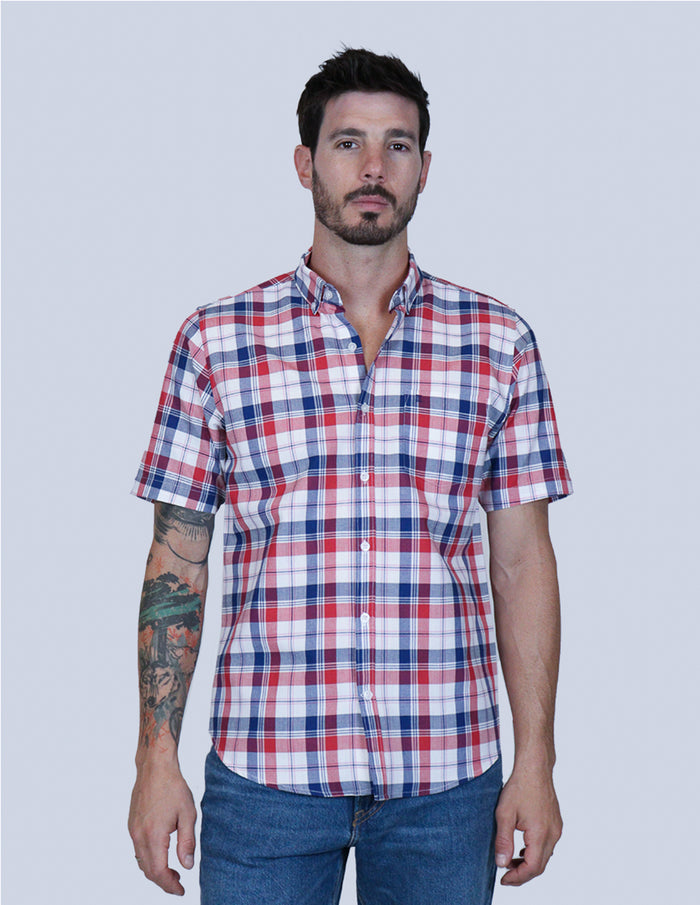 Camisa de Manga Corta Multicolor de Cuadros | Marca Dioro para Hombre en Tallas Extras