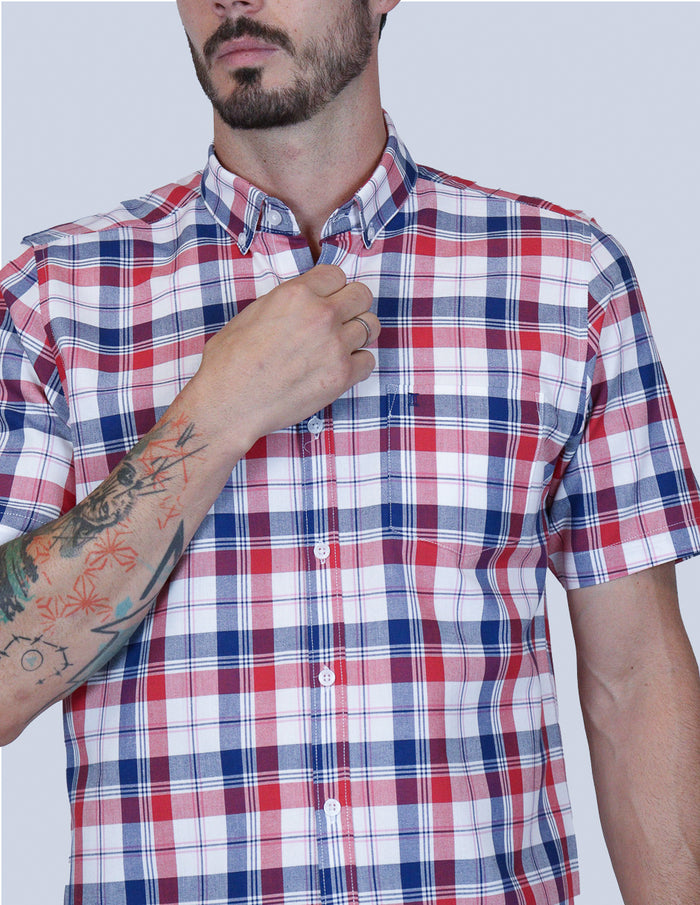 Camisa de Manga Corta Multicolor de Cuadros | Marca Dioro para Hombre en Tallas Extras