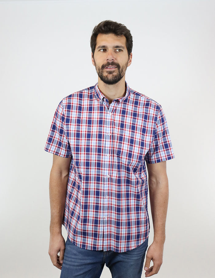 CAMISA MANGA CORTA MORADO CUADROS 100% ALGODÓN