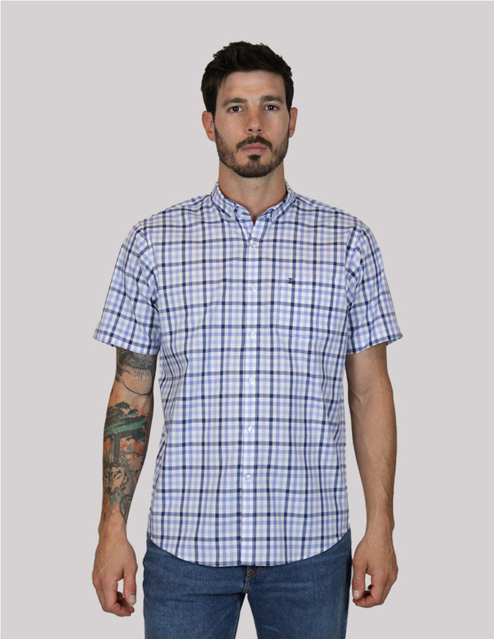 CAMISA MANGA CORTA AZUL CUADROS 100% ALGODÓN  REF 2305177