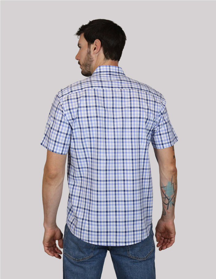 CAMISA MANGA CORTA AZUL CUADROS 100% ALGODÓN  REF 2305177