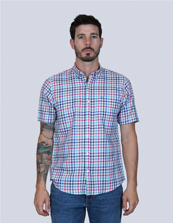 Camisa Manga Corta Multicolor de Cuadros Casual Dioro