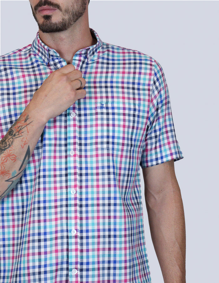 Camisa Manga Corta Multicolor de Cuadros Casual Dioro