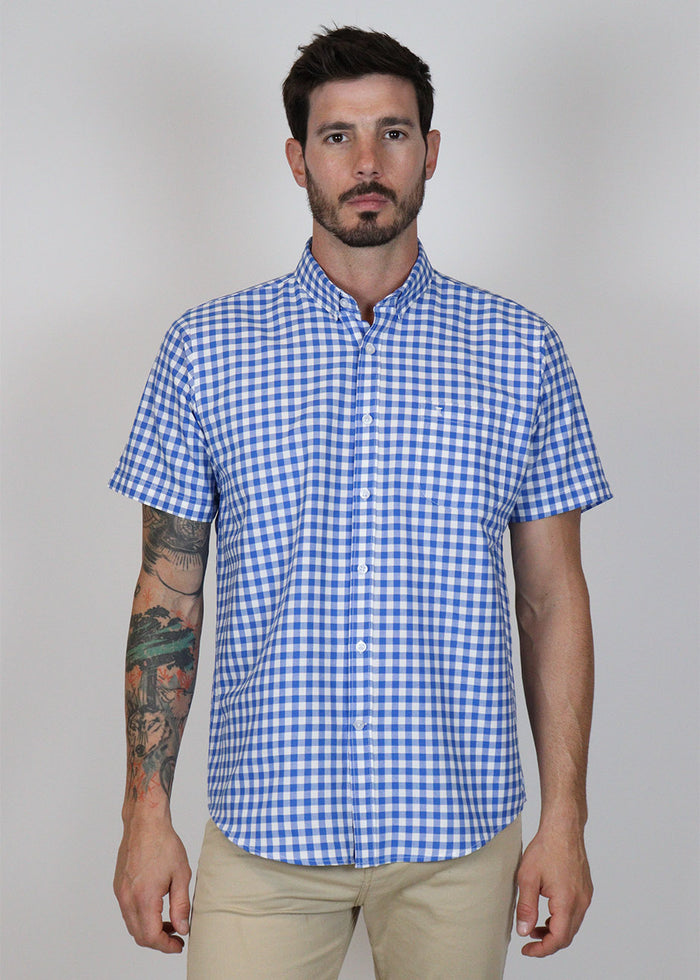 Camisa de Vestir Manga Corta Cuadros Azules Marca Dioro