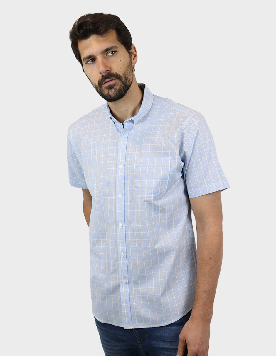 CAMISA MANGA CORTA AZUL CUADROS 100% ALGODÓN  REF 2305193