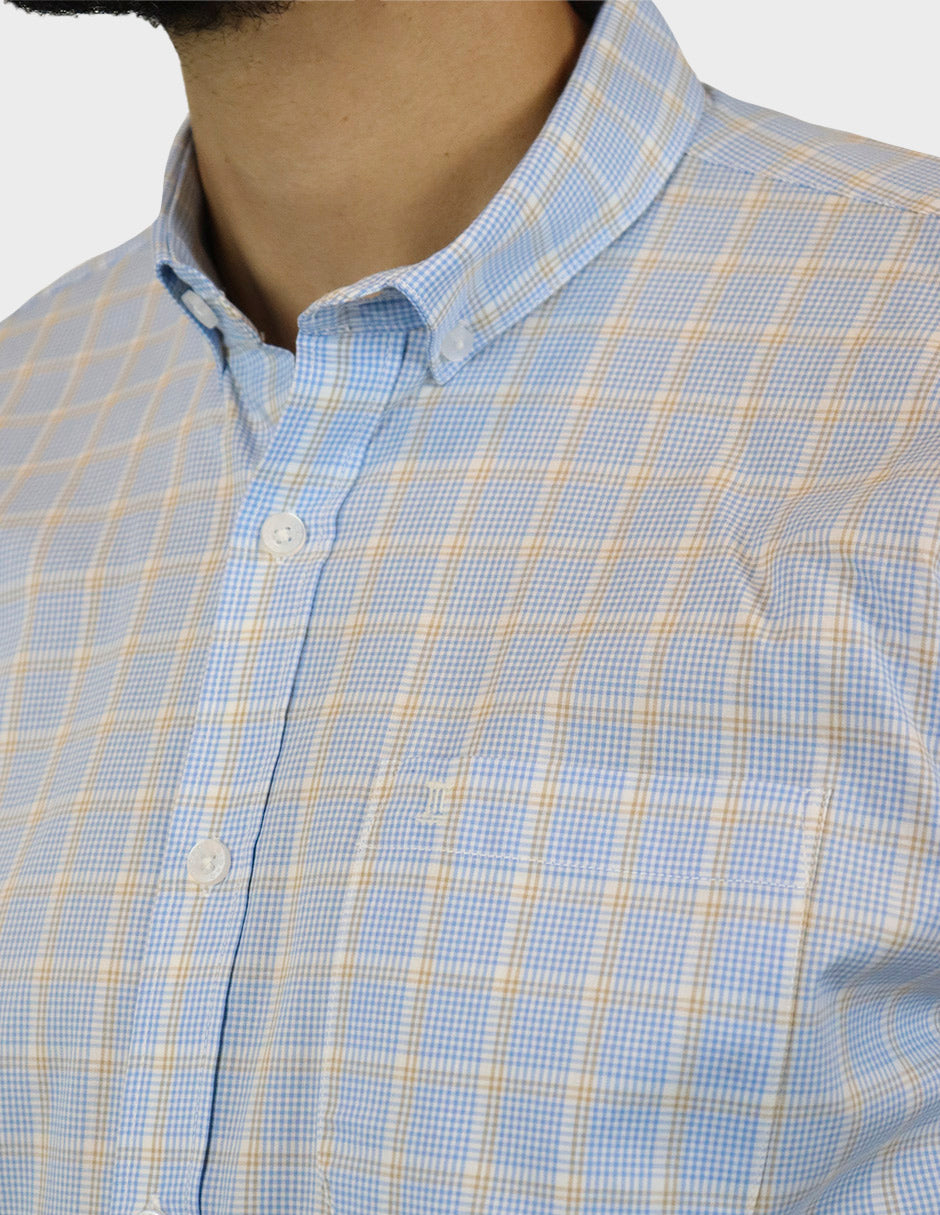 CAMISA MANGA CORTA AZUL CUADROS 100% ALGODÓN  REF 2305193