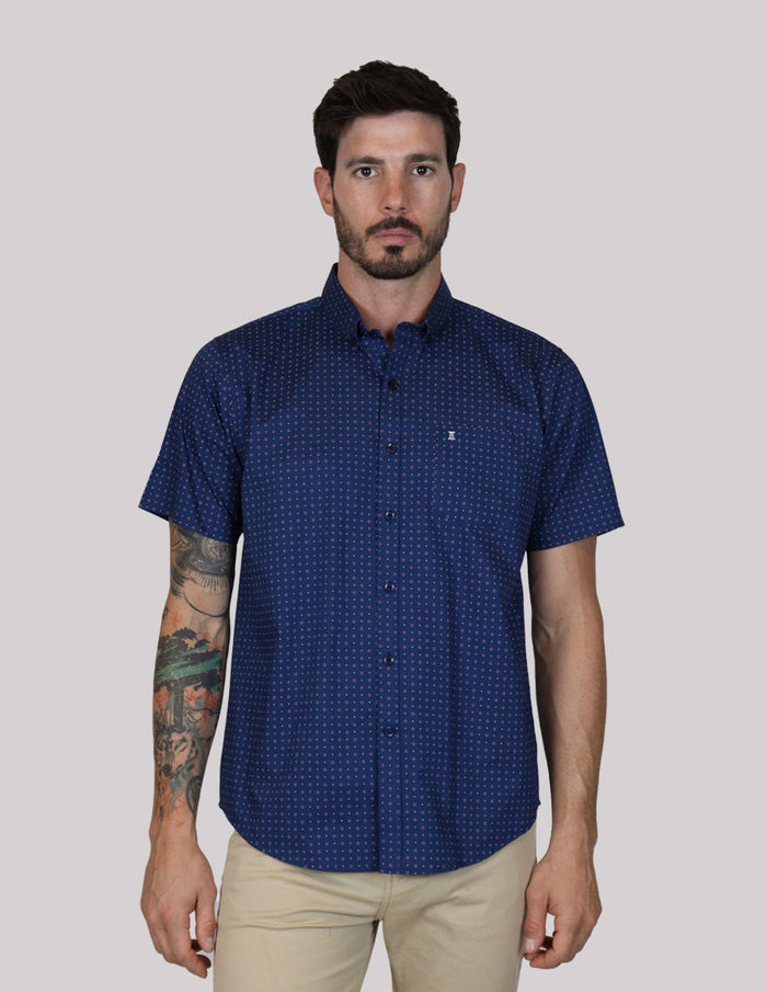 CAMISA MANGA CORTA AZUL ESTAMPADO 100% ALGODÓN