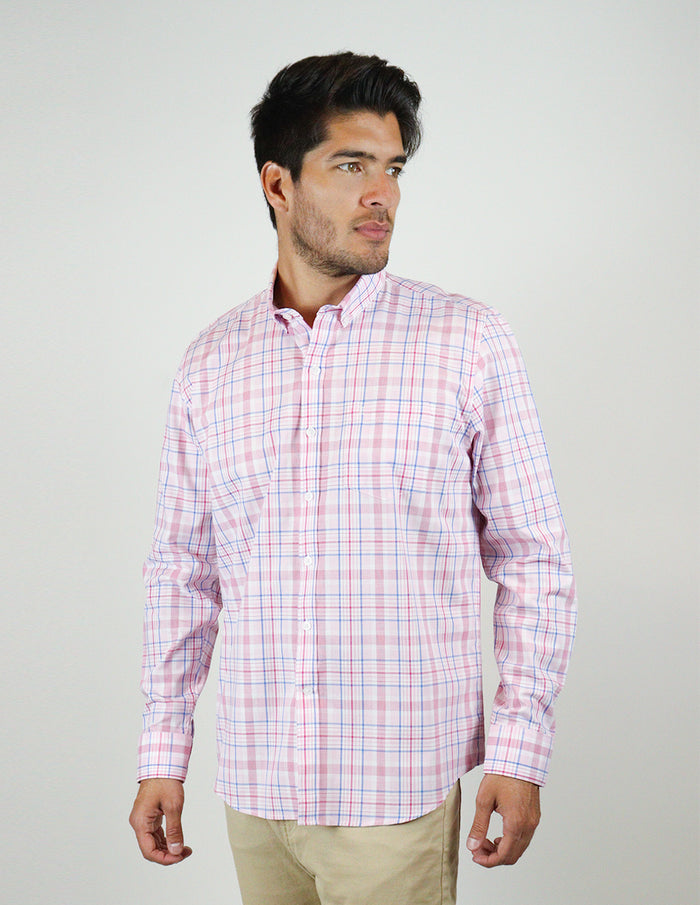 CAMISA MANGA LARGA ROSA CUADROS 100% ALGODÓN REF 2306204