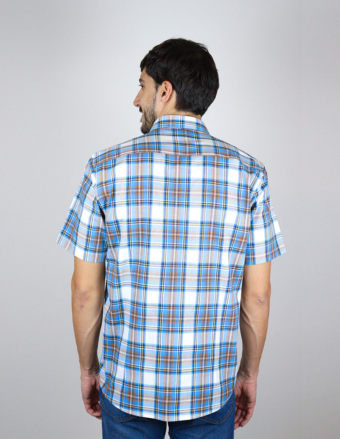 CAMISA MANGA CORTA AZUL CUADROS 100% ALGODÓN REF 2306218