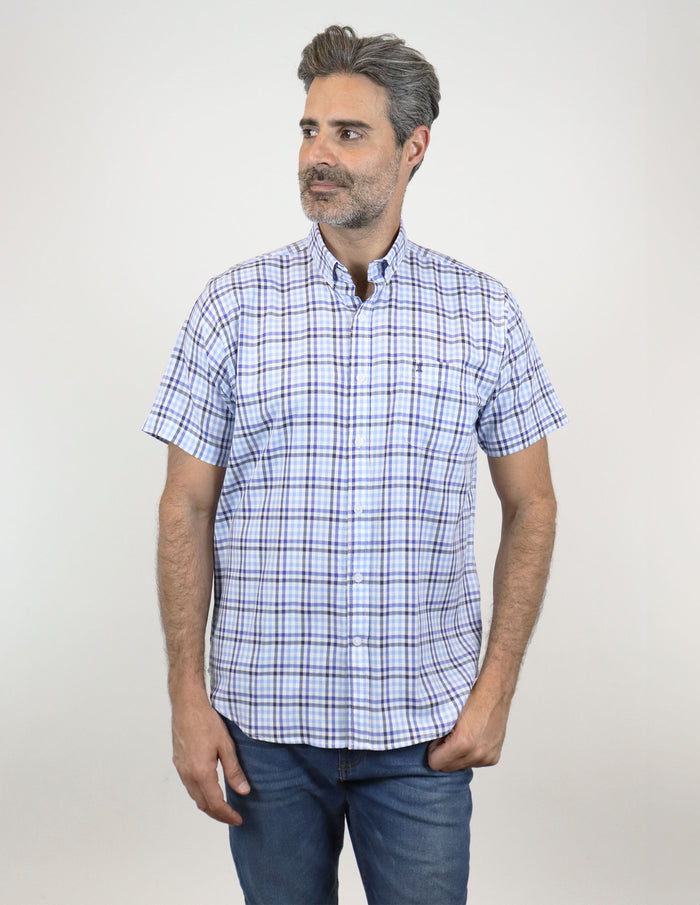 Camisa de Vestir Manga Corta con Cuadros Azul | Marca Dioro | 100% Algodón para Hombre en Tallas Extras